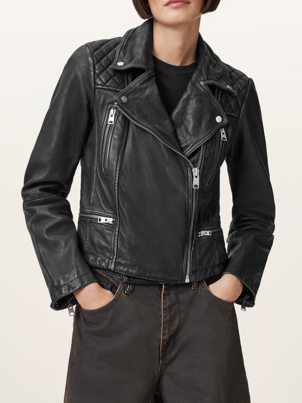 ALLSAINTS CARGO DISTRESSED LEATHER BIKER JACKET in Black/Grey. Women’s Size 8